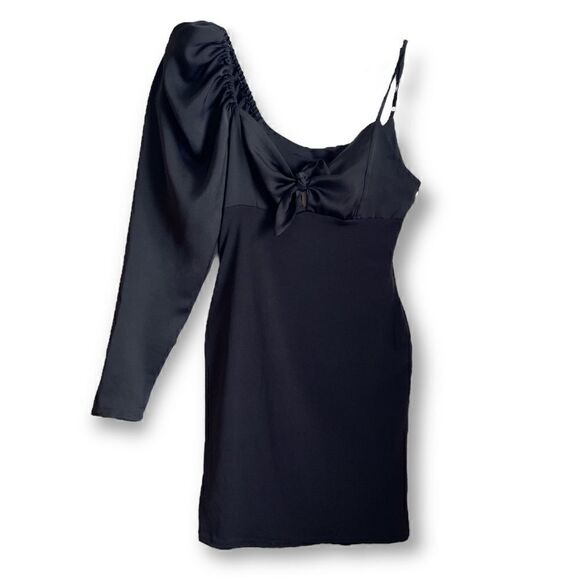 TFNC London Asymmetrical Puff Sleeve Bodycon Little Black Dress, Size Small - Picture 1 of 10